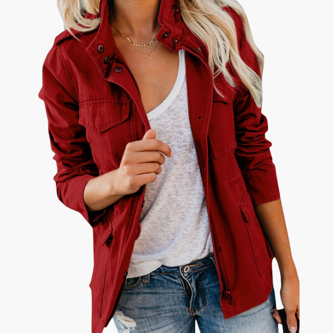 Women's Military Jacket with Hood, Zip Closure and Four-Pocket Design