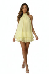 Women's Mini Dress Sleeveless with Halter Neck and Double Ruffle Hem