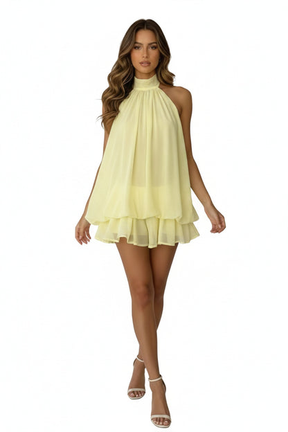 Women's Mini Dress Sleeveless with Halter Neck and Double Ruffle Hem