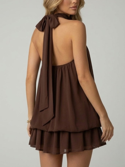 Women's Mini Dress Sleeveless with Halter Neck and Double Ruffle Hem