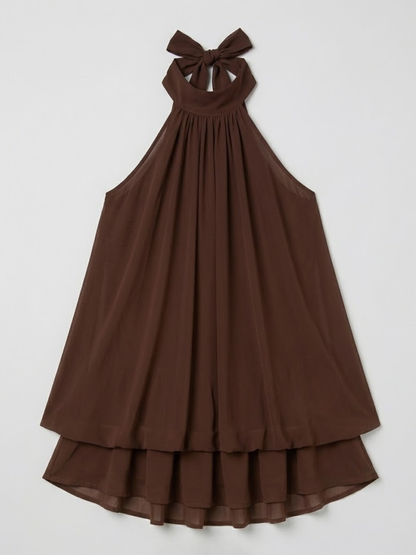 Women's Mini Dress Sleeveless with Halter Neck and Double Ruffle Hem