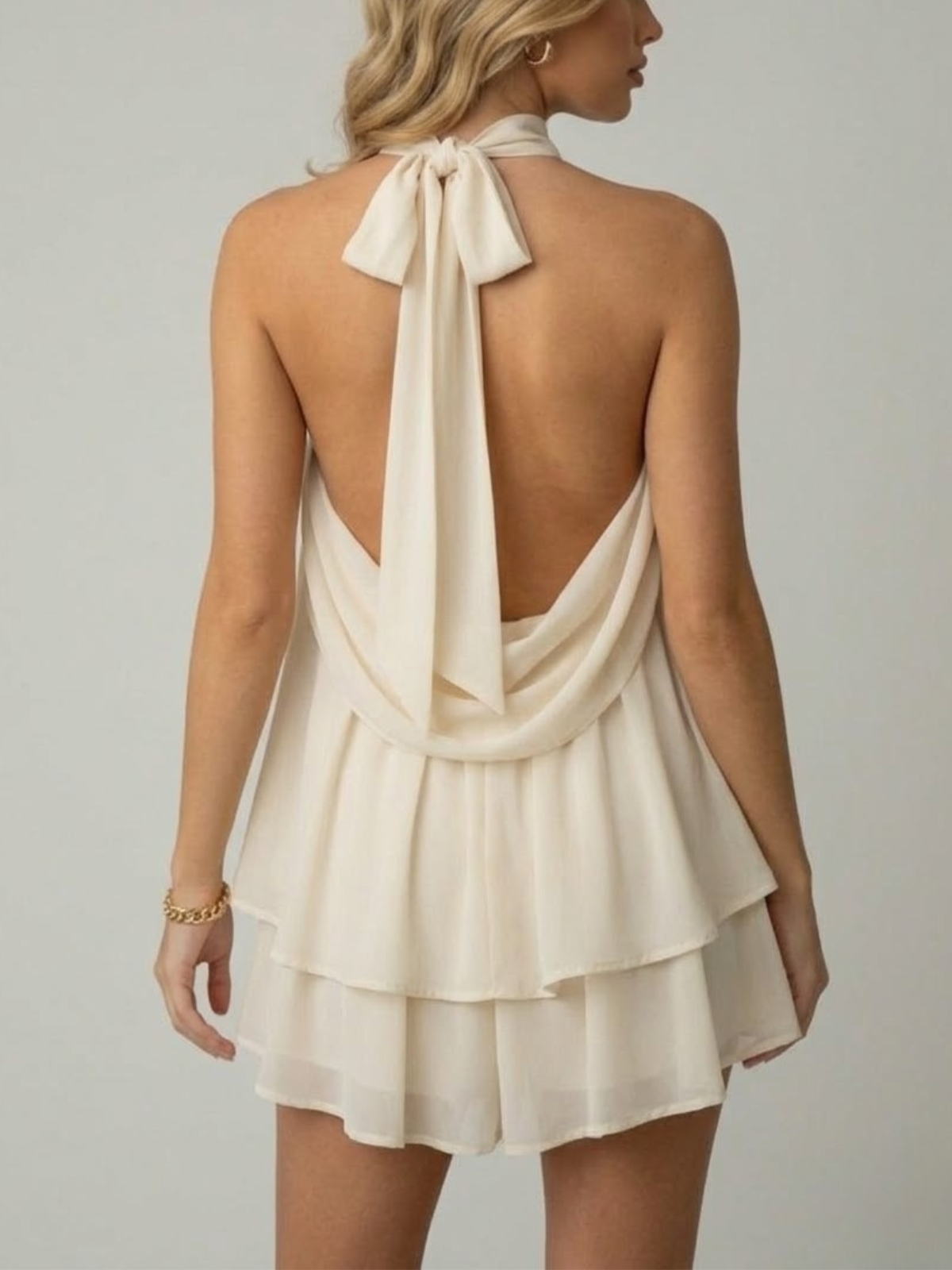 Women's Mini Dress Sleeveless with Halter Neck and Double Ruffle Hem