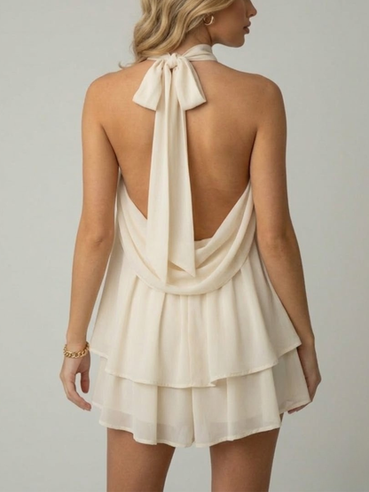 Women's Mini Dress Sleeveless with Halter Neck and Double Ruffle Hem
