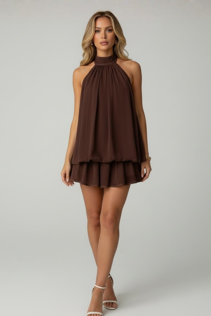 Women's Mini Dress Sleeveless with Halter Neck and Double Ruffle Hem