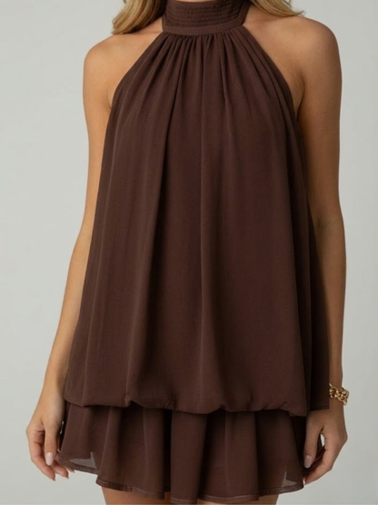 Women's Mini Dress Sleeveless with Halter Neck and Double Ruffle Hem