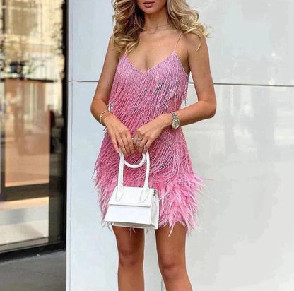 Women's Mini Dress with Fringe and Feather Hem V-Neck Spaghetti Straps