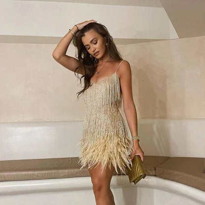 Women's Mini Dress with Fringe and Feather Hem V-Neck Spaghetti Straps