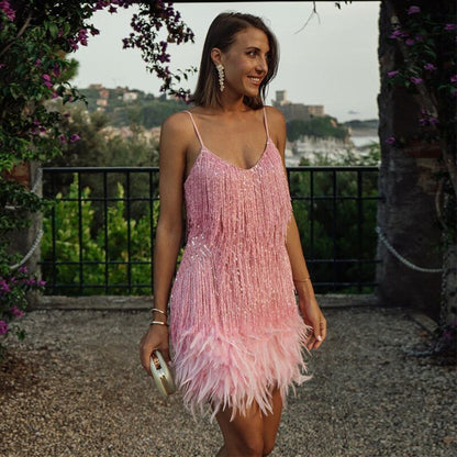Women's Mini Dress with Fringe and Feather Hem V-Neck Spaghetti Straps