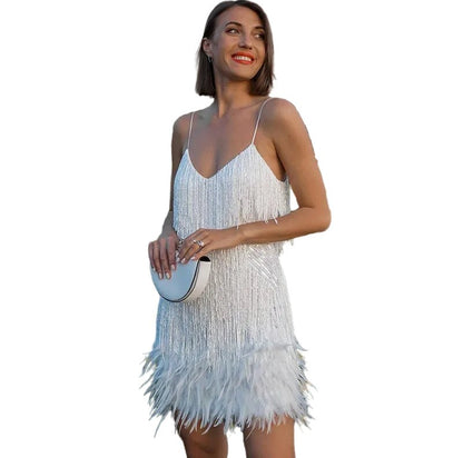 Women's Mini Dress with Fringe and Feather Hem V-Neck Spaghetti Straps
