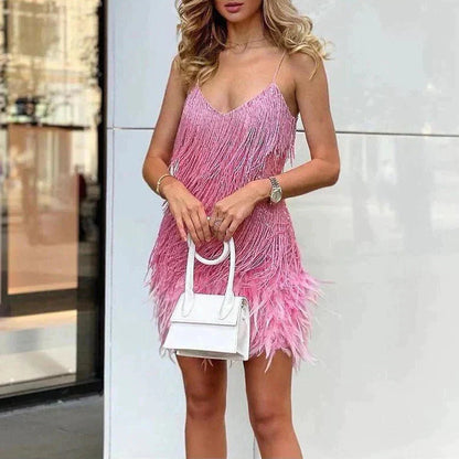 Women's Mini Dress with Fringe Detail and Feather-Trim Hem