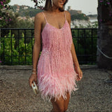 Women's Mini Dress with Fringe Detail and Feather-Trim Hem