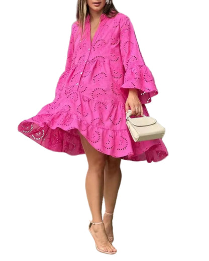 Women's Mini Dress with Long Balloon Sleeves, Eyelet Embroidery and Tiered Ruffle Hem