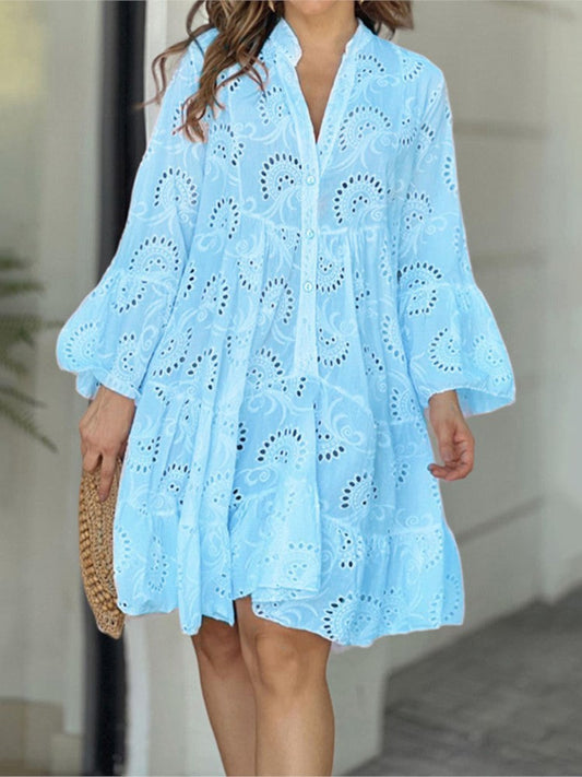 Women's Mini Dress with Long Balloon Sleeves, Eyelet Embroidery and Tiered Ruffle Hem