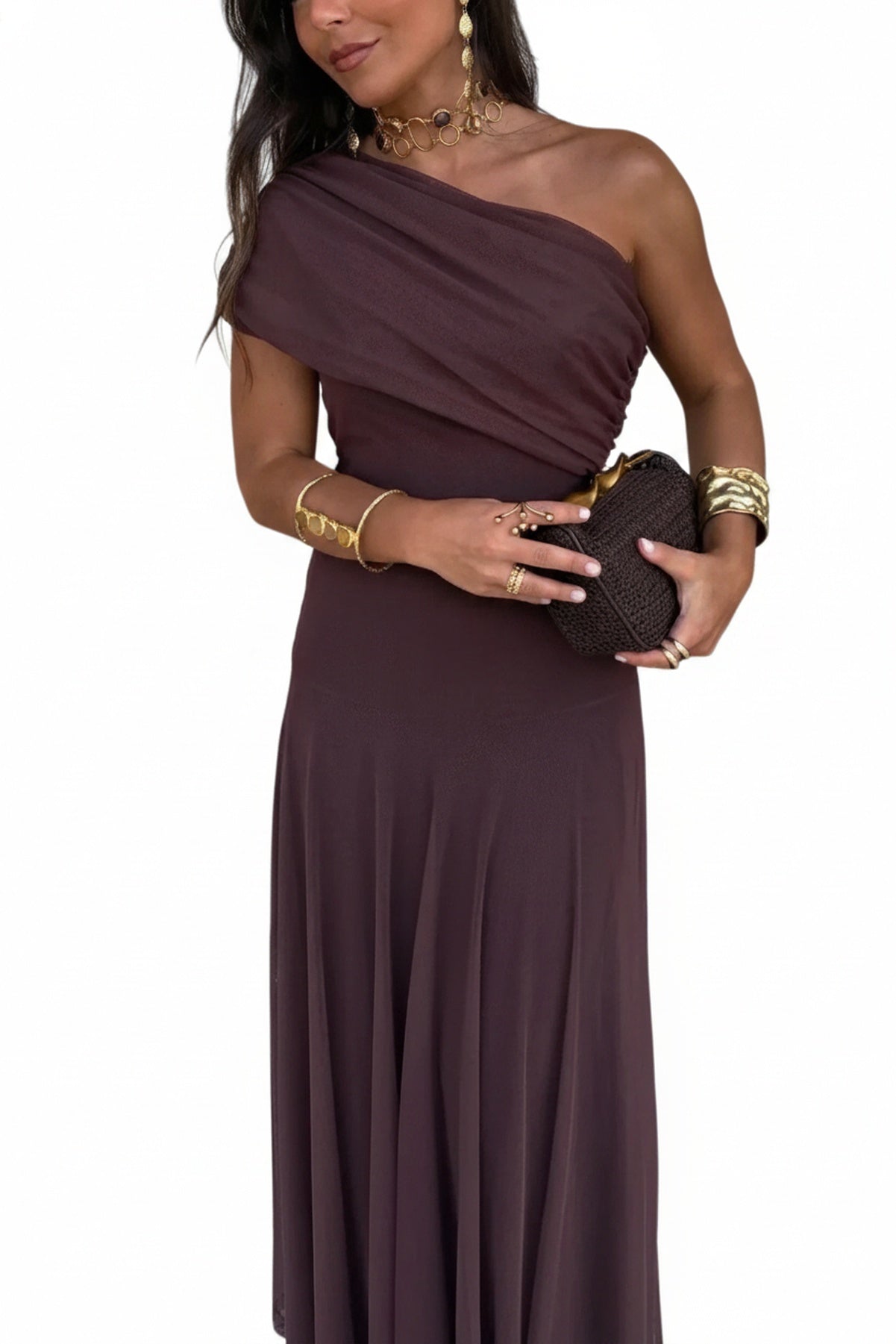 Women's Off-Shoulder Maxi Dress with Draped One-Shoulder Neckline and A-Line Skirt