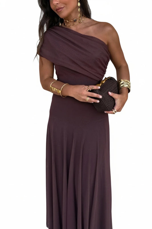 Women's Off-Shoulder Maxi Dress with Draped One-Shoulder Neckline and A-Line Skirt