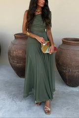 Women's Off-Shoulder Maxi Dress with Draped One-Shoulder Neckline and A-Line Skirt