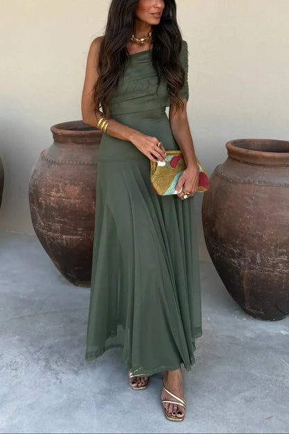 Women's Off-Shoulder Maxi Dress with Draped One-Shoulder Neckline and A-Line Skirt