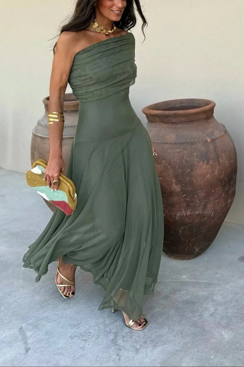 Women's Off-Shoulder Maxi Dress with Draped One-Shoulder Neckline and A-Line Skirt