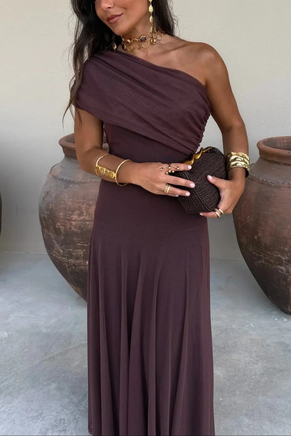Women's Off-Shoulder Maxi Dress with Draped One-Shoulder Neckline and A-Line Skirt