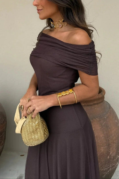 Women's Off-Shoulder Maxi Dress with Draped One-Shoulder Neckline and A-Line Skirt