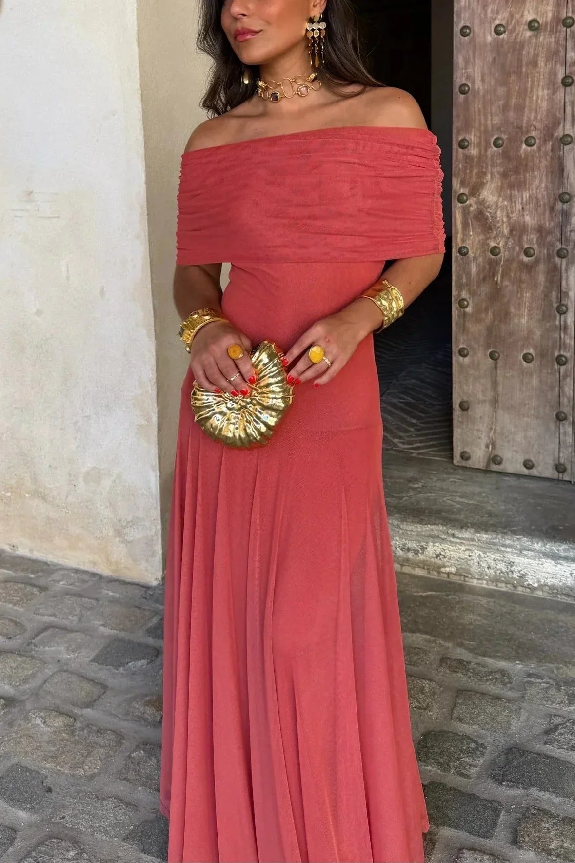 Women's Off-Shoulder Maxi Dress with Draped One-Shoulder Neckline and A-Line Skirt