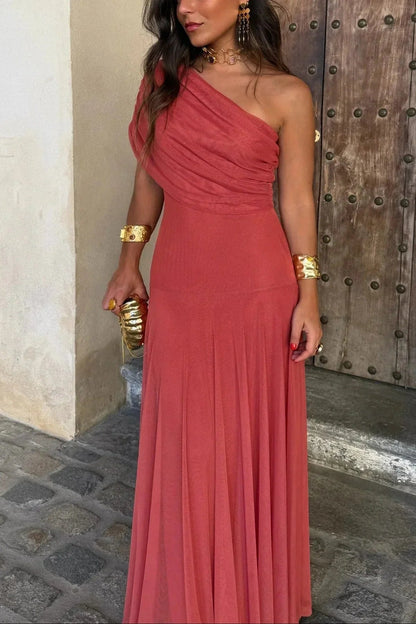 Women's Off-Shoulder Maxi Dress with Draped One-Shoulder Neckline and A-Line Skirt