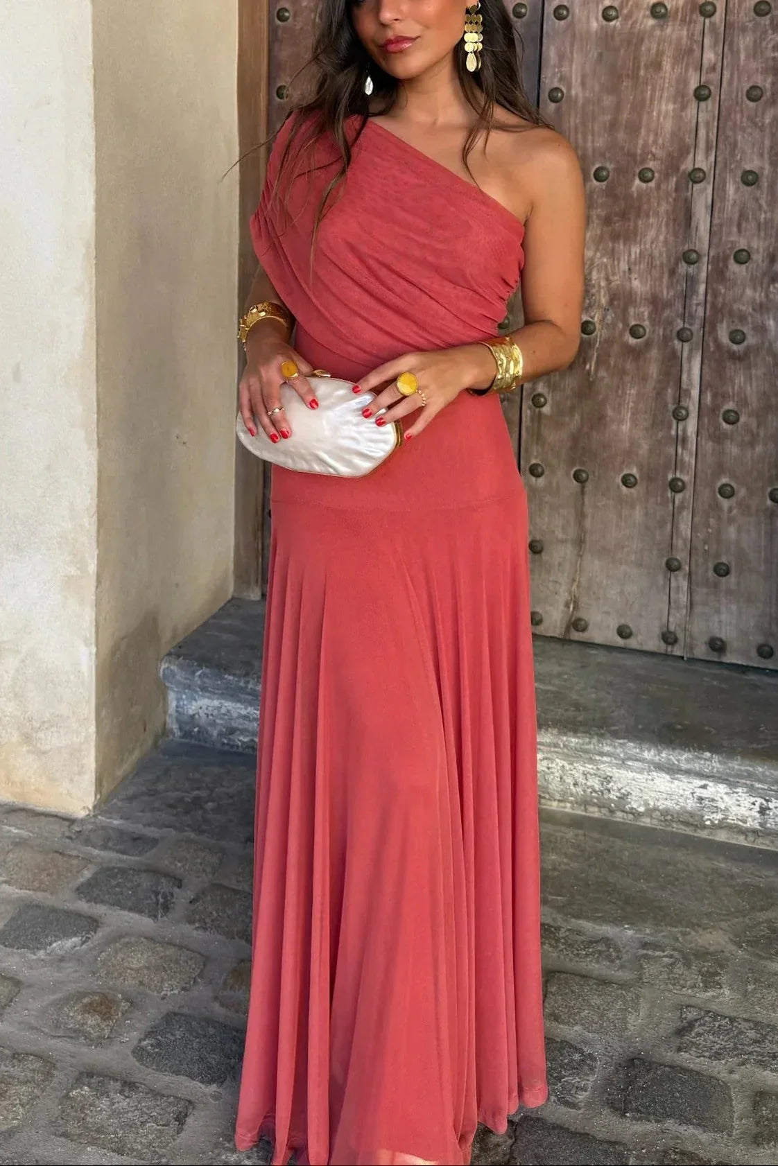Women's Off-Shoulder Maxi Dress with Draped One-Shoulder Neckline and A-Line Skirt