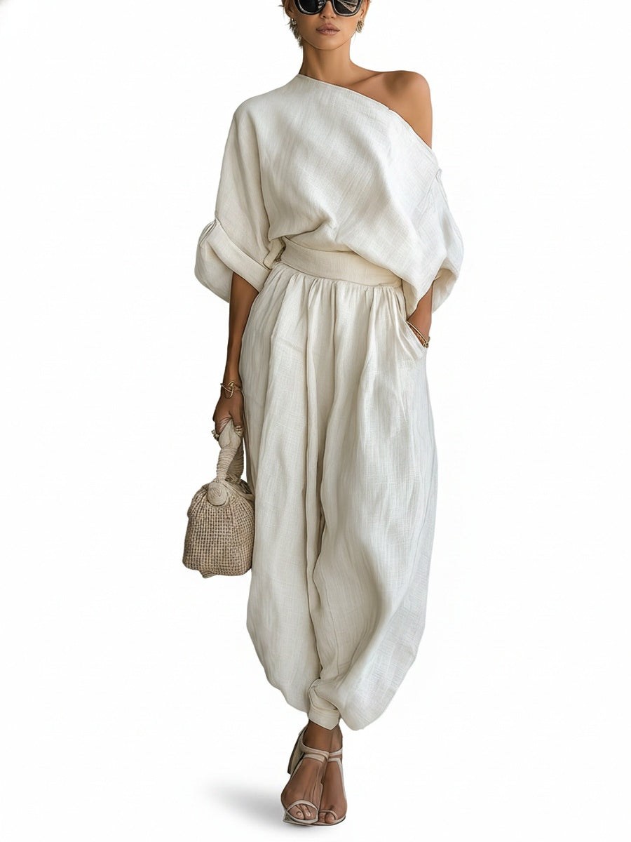Women's Off-Shoulder Top and Tapered Pants Set with Long Sleeves