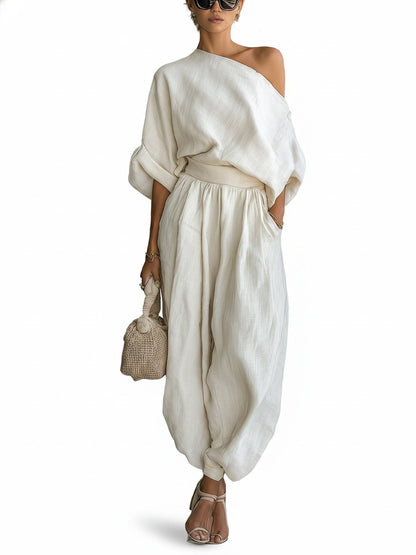 Women's Off-Shoulder Top and Tapered Pants Set with Long Sleeves