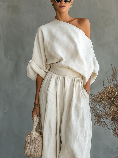 Women's Off-Shoulder Top and Tapered Pants Set with Long Sleeves