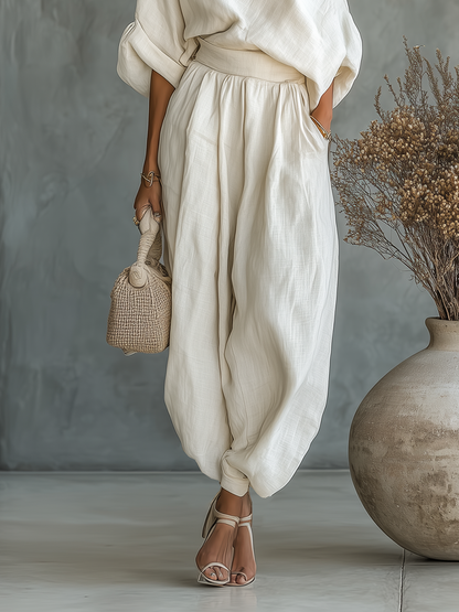 Women's Off-Shoulder Top and Tapered Pants Set with Long Sleeves