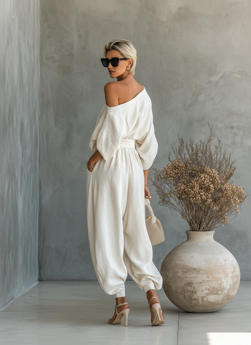 Women's Off-Shoulder Top and Tapered Pants Set with Long Sleeves