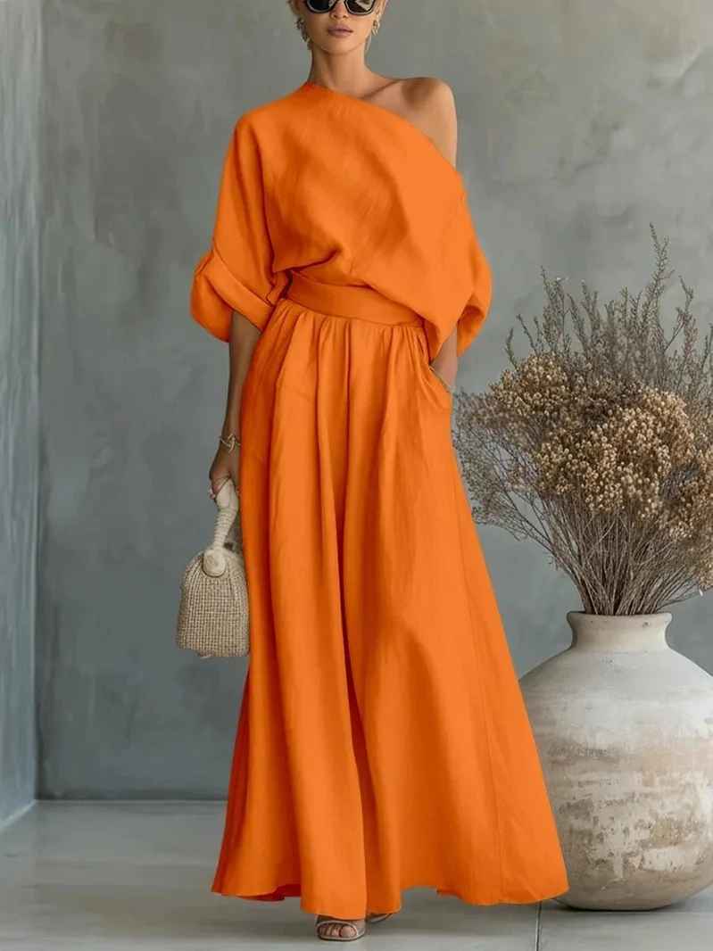 Women's Off-Shoulder Top and Tapered Pants Set with Long Sleeves
