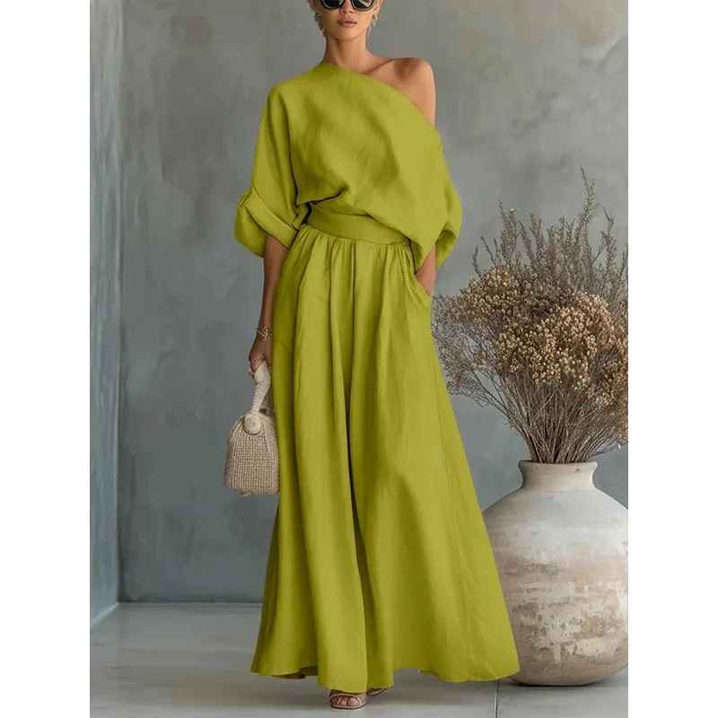 Women's Off-Shoulder Top and Tapered Pants Set with Long Sleeves