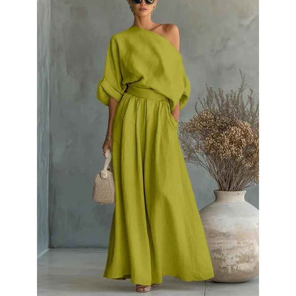 Women's Off-Shoulder Top and Tapered Pants Set with Long Sleeves