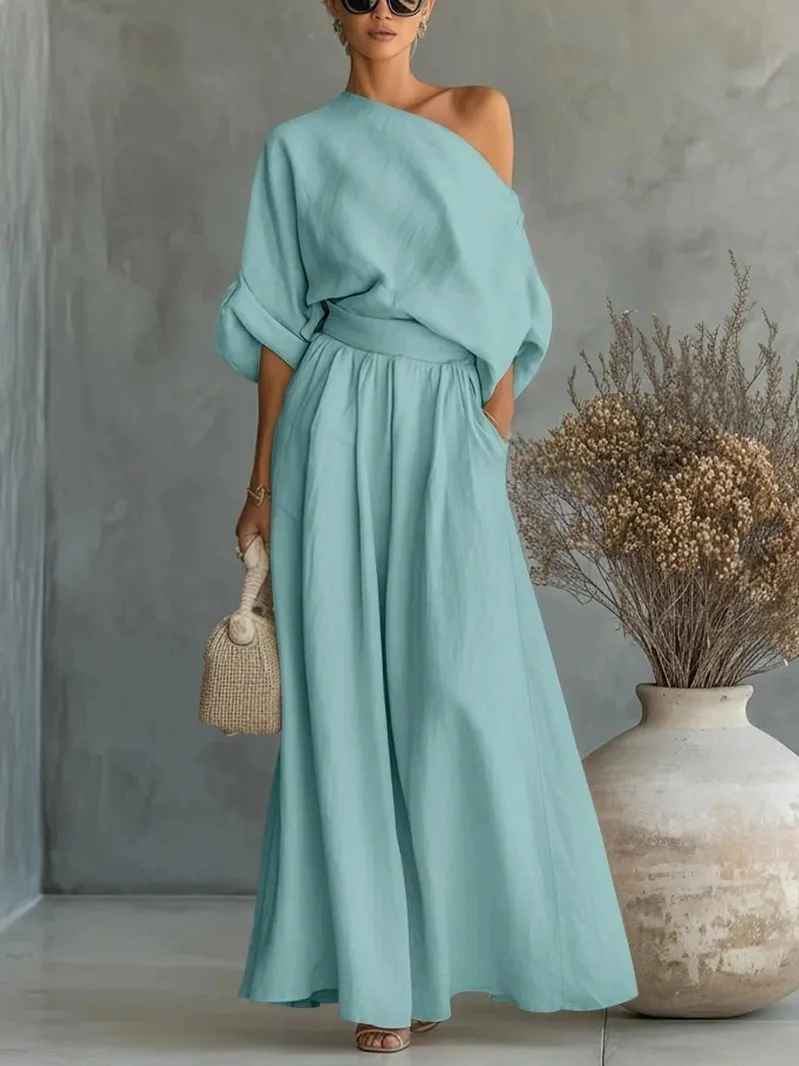Women's Off-Shoulder Top and Tapered Pants Set with Long Sleeves
