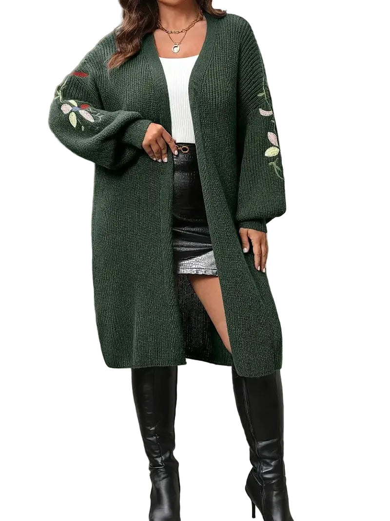 Women's Open-Front Cardigan with Embroidered Sleeves