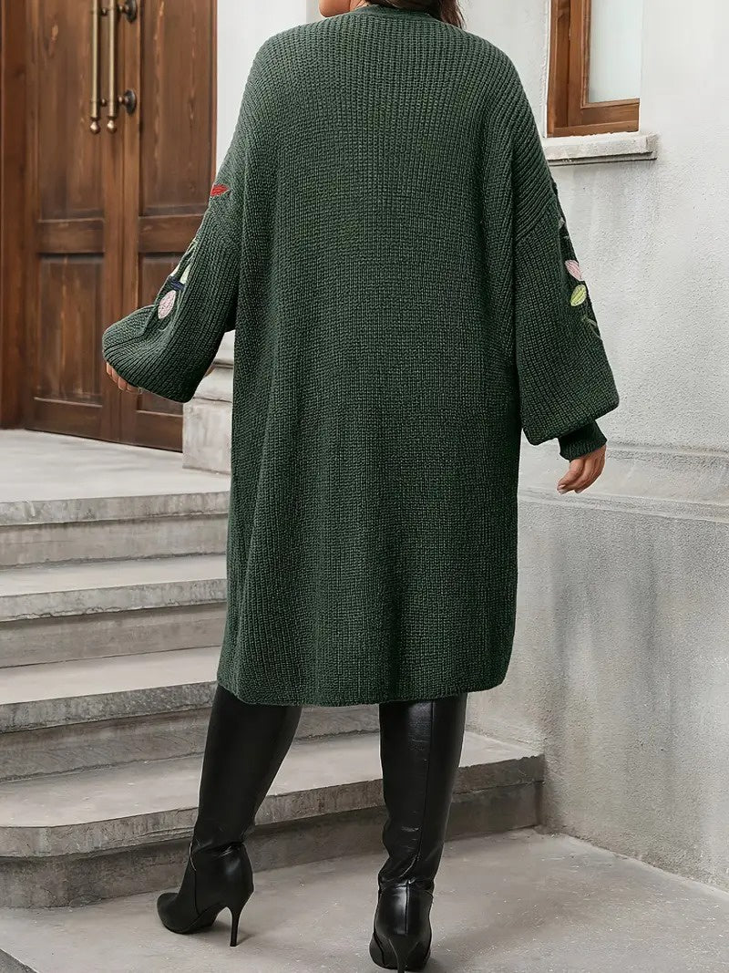 Women's Open-Front Cardigan with Embroidered Sleeves