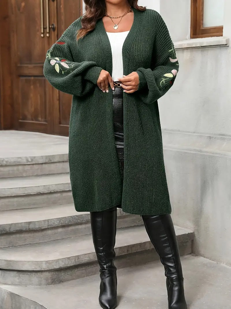 Women's Open-Front Cardigan with Embroidered Sleeves