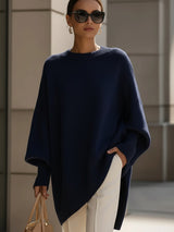 Women's Oversized Batwing Sweater with Round Neck and Asymmetric Hem