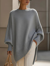 Women's Oversized Batwing Sweater with Round Neck and Asymmetric Hem
