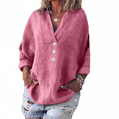 Women's Oversized Blouse with Long Sleeves, V-Neck and Button Detail