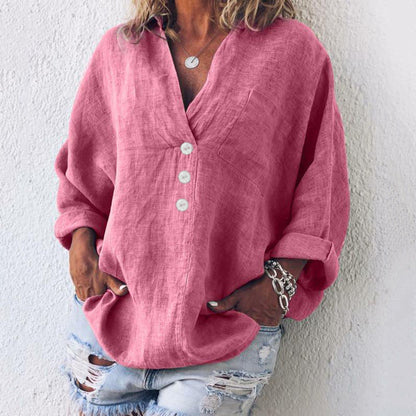 Women's Oversized Blouse with Long Sleeves, V-Neck and Button Detail