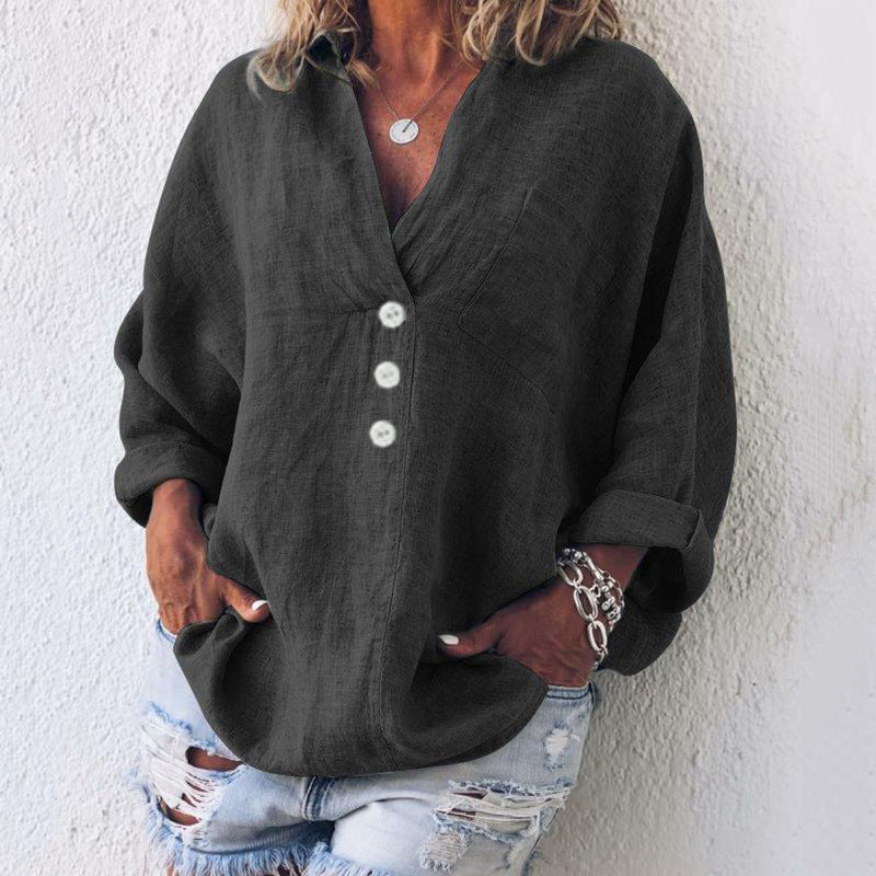 Women's Oversized Blouse with Long Sleeves, V-Neck and Button Detail