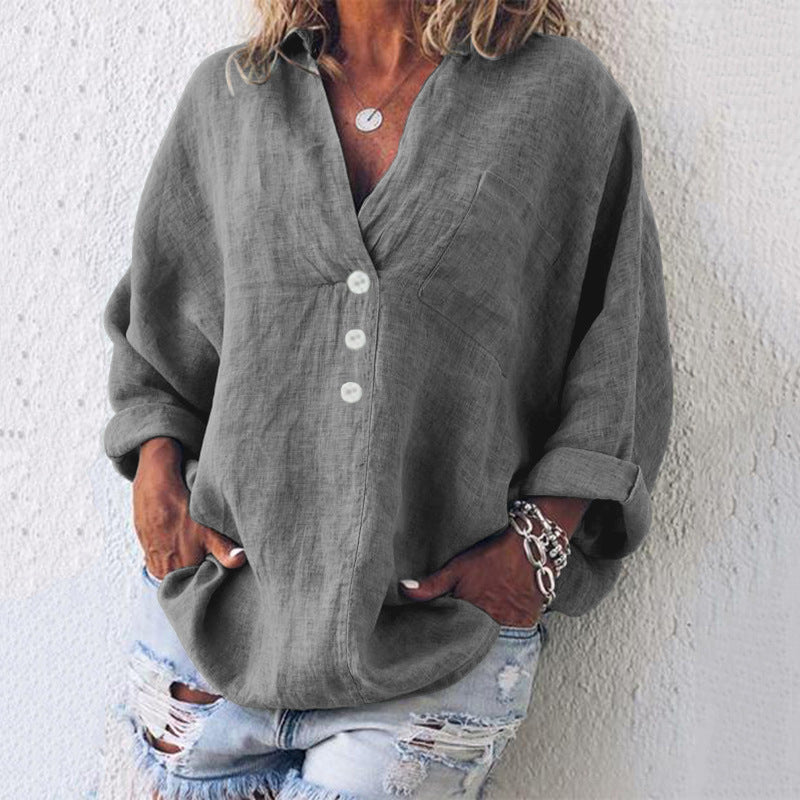 Women's Oversized Blouse with Long Sleeves, V-Neck and Button Detail