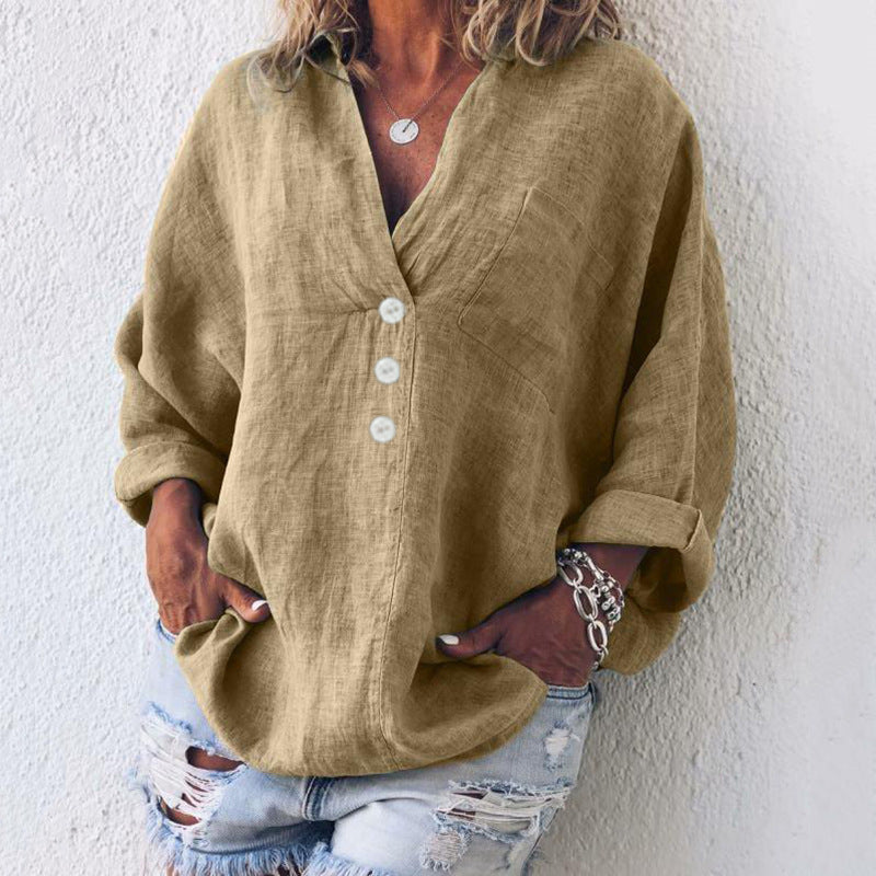 Women's Oversized Blouse with Long Sleeves, V-Neck and Button Detail