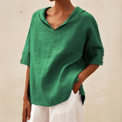 Women's Oversized Blouse with Short Sleeves, Hood and V-Neck