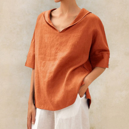 Women's Oversized Blouse with Short Sleeves, Hood and V-Neck