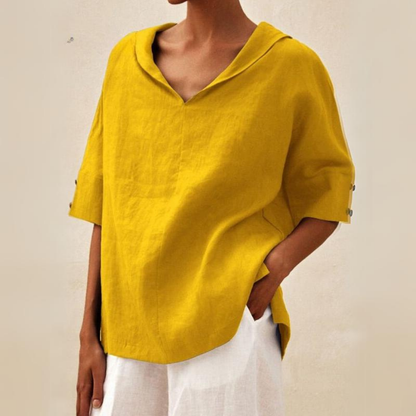 Women's Oversized Blouse with Short Sleeves, Hood and V-Neck