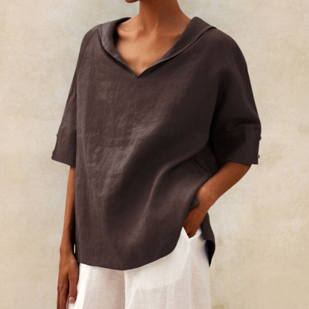 Women's Oversized Blouse with Short Sleeves, Hood and V-Neck